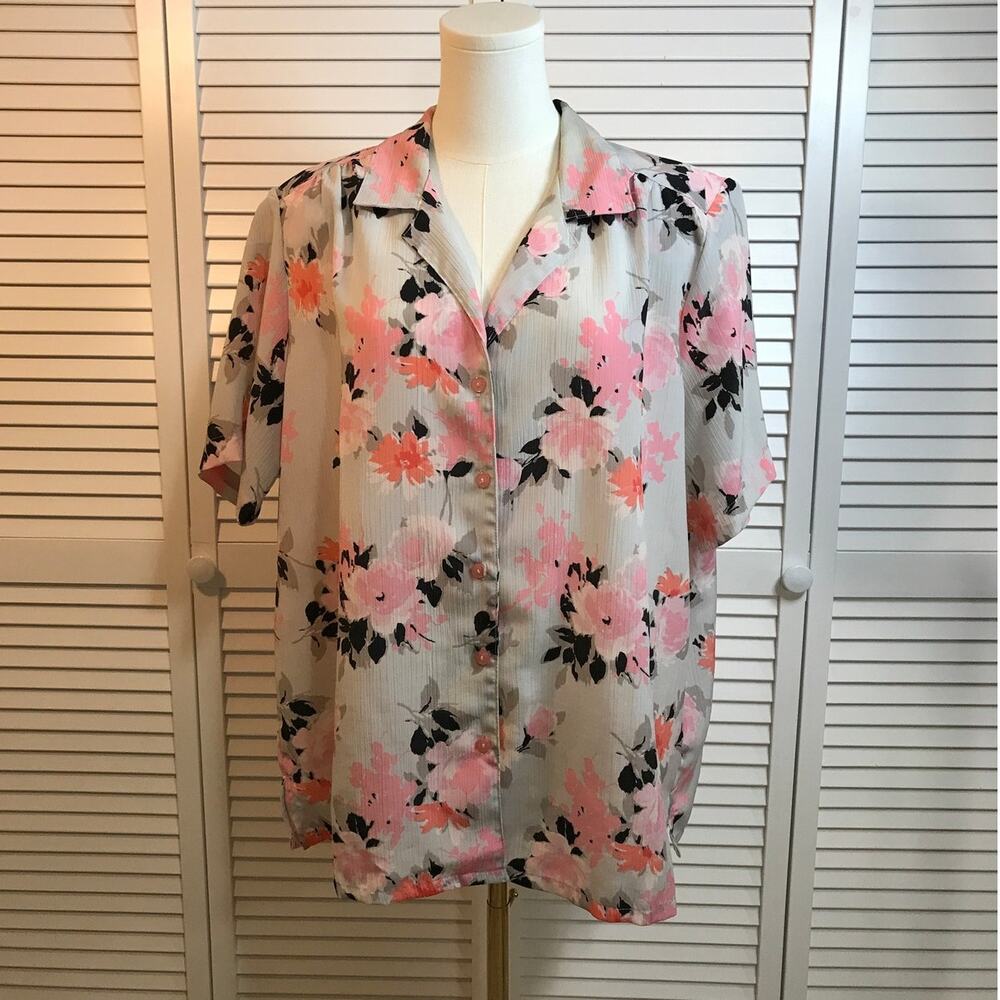 Donnkenny Vintage Boho Pink Floral Collared Relaxed Blouse 2X